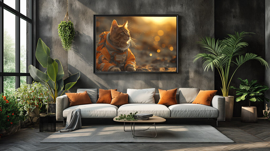 A decorative image of a framed picture of "Ah! This is Nice!" in a cozy and bright living room setting.