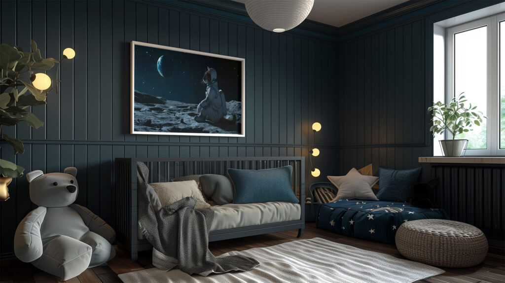 A decorative image of a framed picture of "Classic Earth Shot and Chill" in a child's slightly dark bedroom setting.